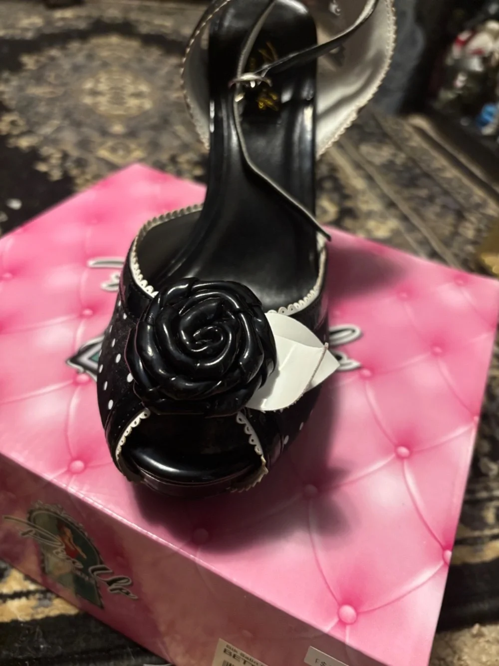 Pleasers - Pin Up Couture - Black Satin White Polka Dot Rose Heels - Size 8